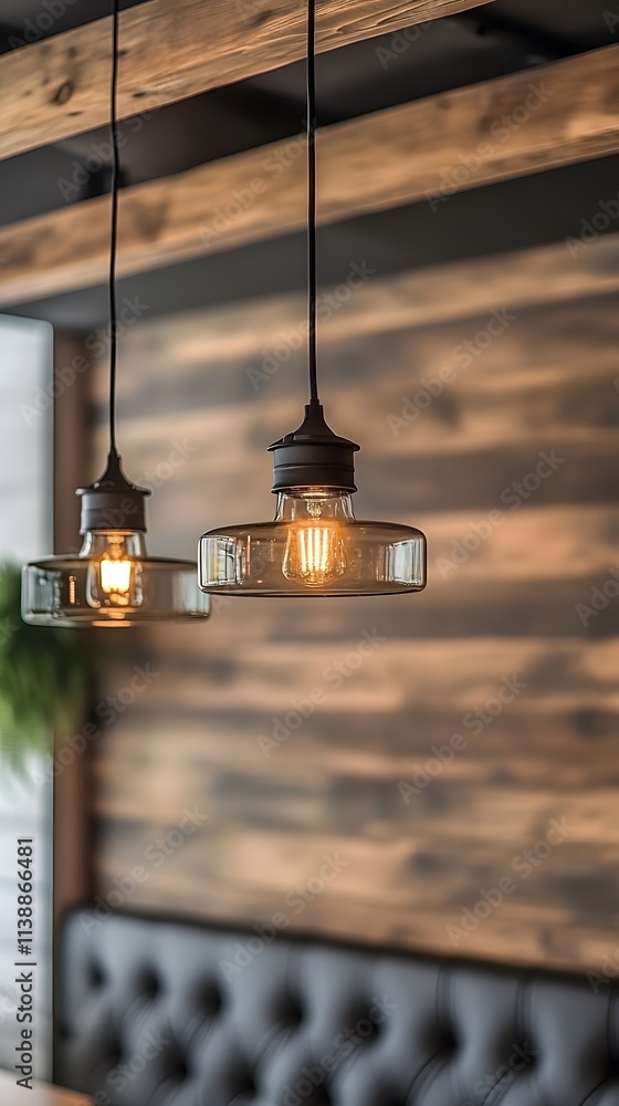 Obraz premium Two pendant lights illuminate a cozy interior with wooden walls and a plush seating area.