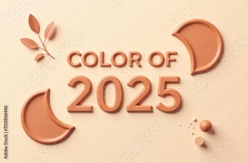 color of the year 2025 in mocha mousse lettering, surrounded by minimalist design elements on beige background. trend analysis.