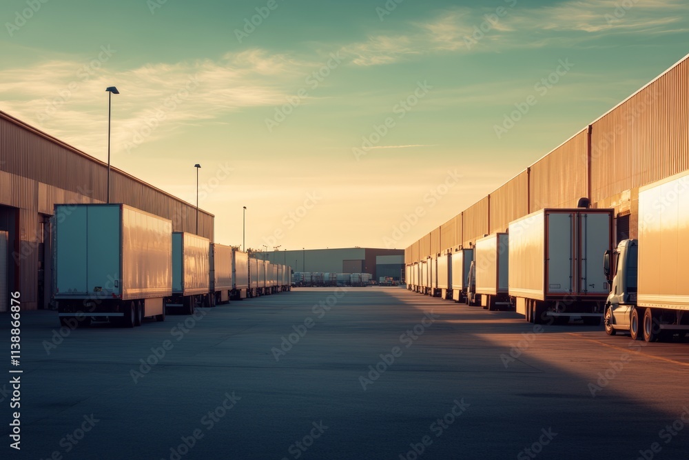 A row of trucks stands parked in front of a modern warehouse, preparing for cargo loading at a commercial factory A row of trucks stands parked in front of a modern warehouse, preparing for cargo loading at a commercial factory