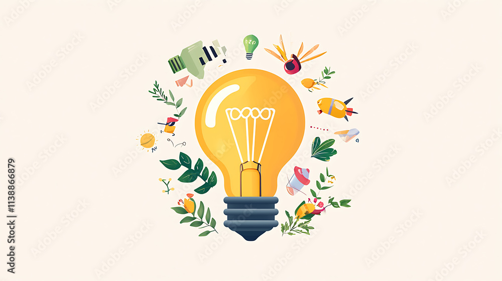 bright light bulb surrounded by nature elements and creative icons, symbolizing ideas and innovation bright light bulb surrounded by nature elements and creative icons, symbolizing ideas and innovation