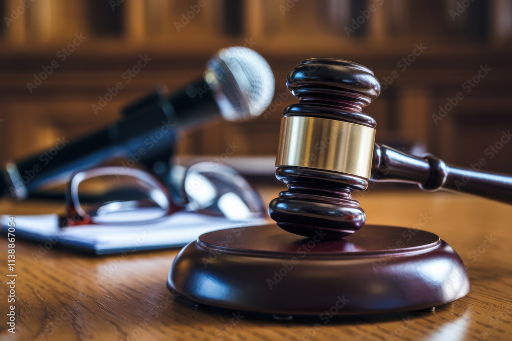 Judge’s gavel resting on a wooden desk with microphone and glasses in courtroom, symbolizing authority and justice. Judge’s gavel resting on a wooden desk with microphone and glasses in courtroom, symbolizing authority and justice.