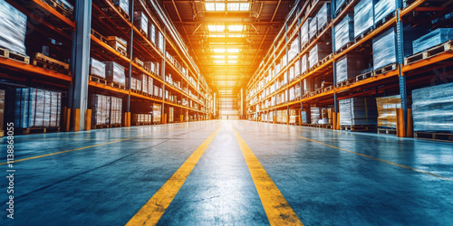 Spacious warehouse interior showcasing neatly arranged shelves filled with goods under warm artificial lighting photo