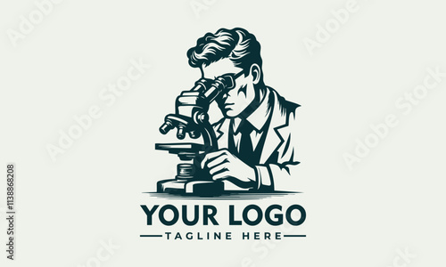 A scientist uses a microscope and notes observations vector logo Scientist with a microscope suitable for scientific research, laboratory studies, education materials, biology and chemistry concepts, 