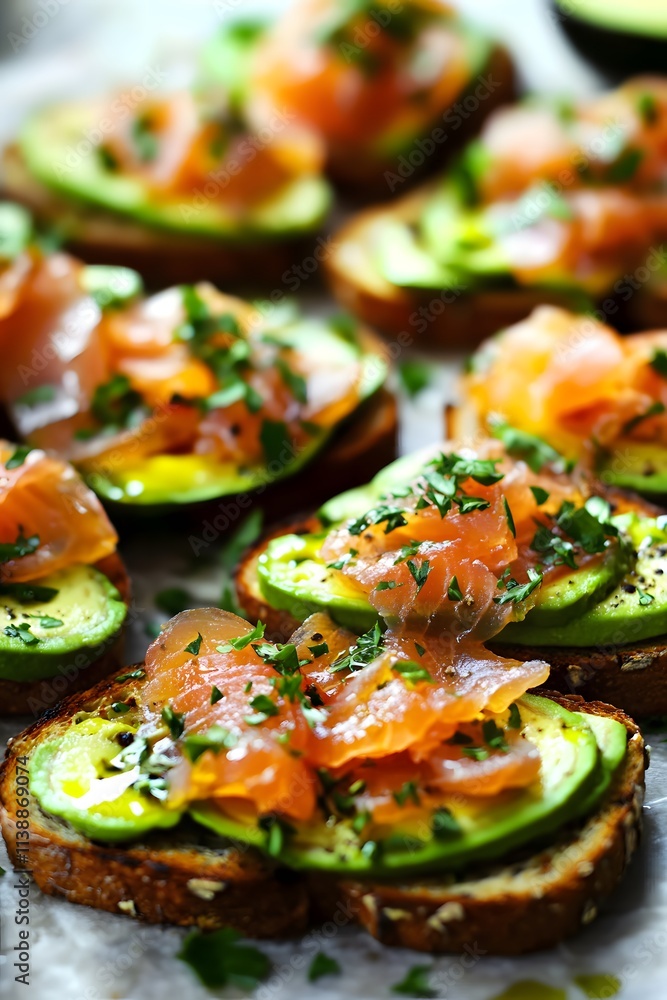 Delicious avocado and smoked salmon toast garnished with herbs on whole grain bread. Delicious avocado and smoked salmon toast garnished with herbs on whole grain bread.