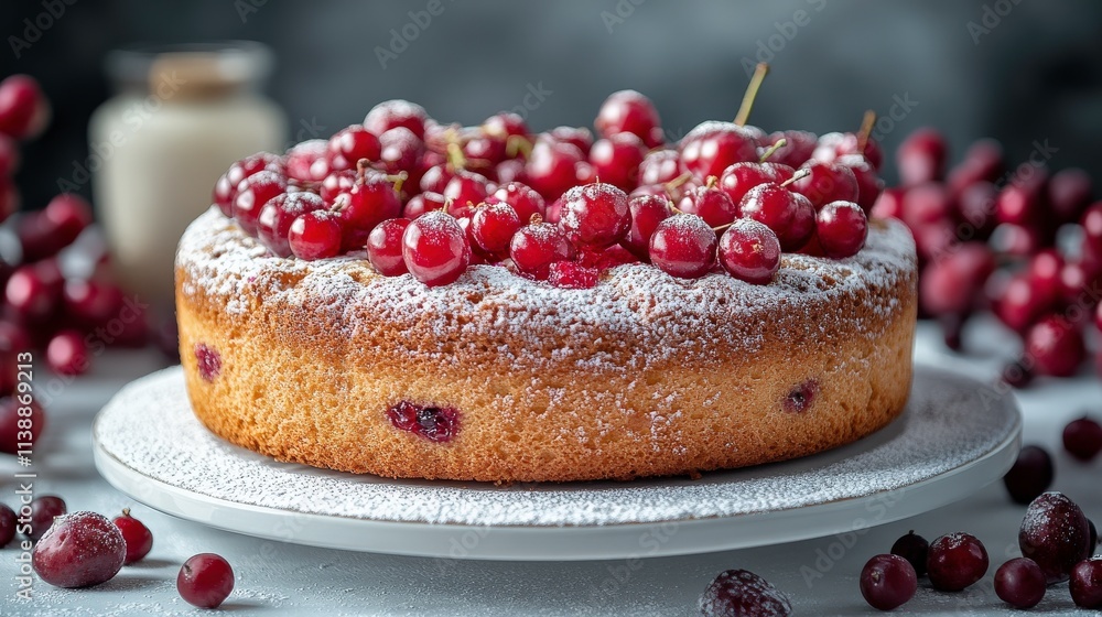 Delicious Cherry Cake with Fresh Red Berries, Dusting of Powdered Sugar, and Elegant Presentation on White Plate Surrounded by Juicy Fruits for Dessert Lovers Delicious Cherry Cake with Fresh Red Berries, Dusting of Powdered Sugar, and Elegant Presentation on White Plate Surrounded by Juicy Fruits for Dessert Lovers