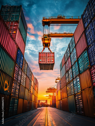 Wallpaper Mural Crane loading cargo containers onto a freight ship at the port as the sun sets, creating a colorful and dynamic industrial environment Torontodigital.ca