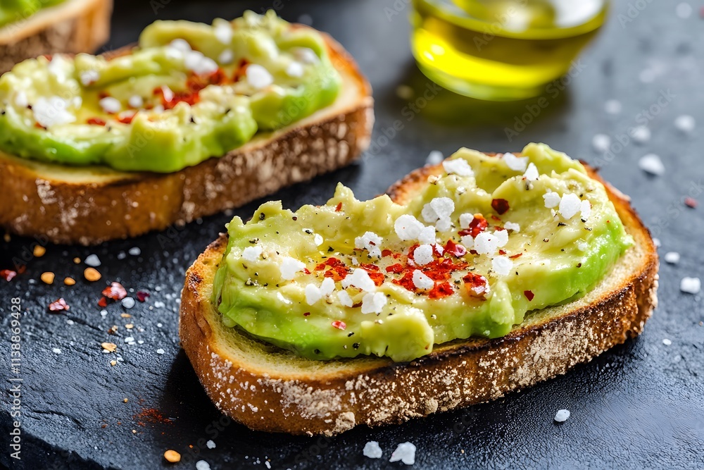 Toast topped with mashed avocado, feta cheese, and spices, served on a slate surface. Toast topped with mashed avocado, feta cheese, and spices, served on a slate surface.