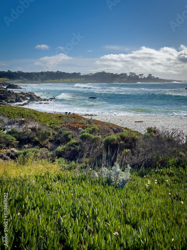 Obraz na płótnie Scenic view of Pacific Ocean at Seal Rock Beach, Del Monte Forest, California, USA against blue sky with clouds w salonie