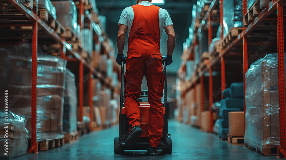 Obraz premium Efficient warehouse worker using pallet jack to transport goods in busy storage area