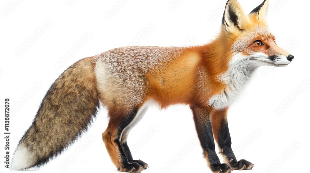 Fototapeta premium Alert red fox standing isolated on white background.