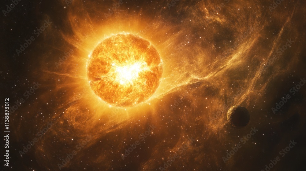 Fiery stellar explosion with a planet. Fiery stellar explosion with a planet.
