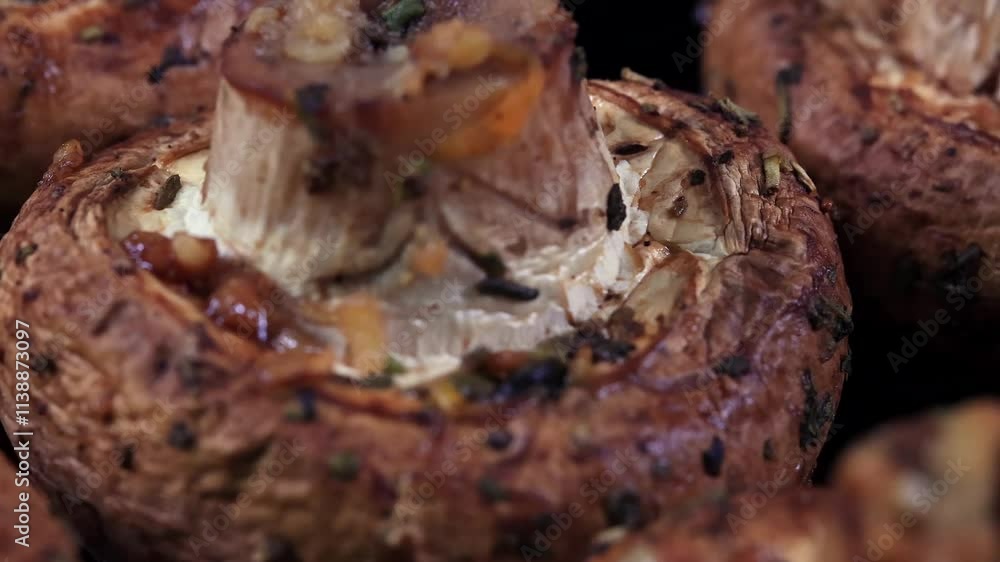 A Detailed Close-Up Of Savory Mushrooms Cooked With Aromatic Herbs And Spices. Perfect For Gastronomy Lovers And Those Seeking Culinary Inspiration In Vegetarian Or Vegan Cooking. Slider Shot. A Detailed Close-Up Of Savory Mushrooms Cooked With Aromatic Herbs And Spices. Perfect For Gastronomy Lovers And Those Seeking Culinary Inspiration In Vegetarian Or Vegan Cooking. Slider Shot.