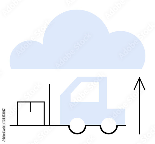 Forklift truck transporting box beneath a large cloud with upward arrow signifying online storage and growth. Ideal for cloud storage, logistics, supply chain, e-commerce, online business, data