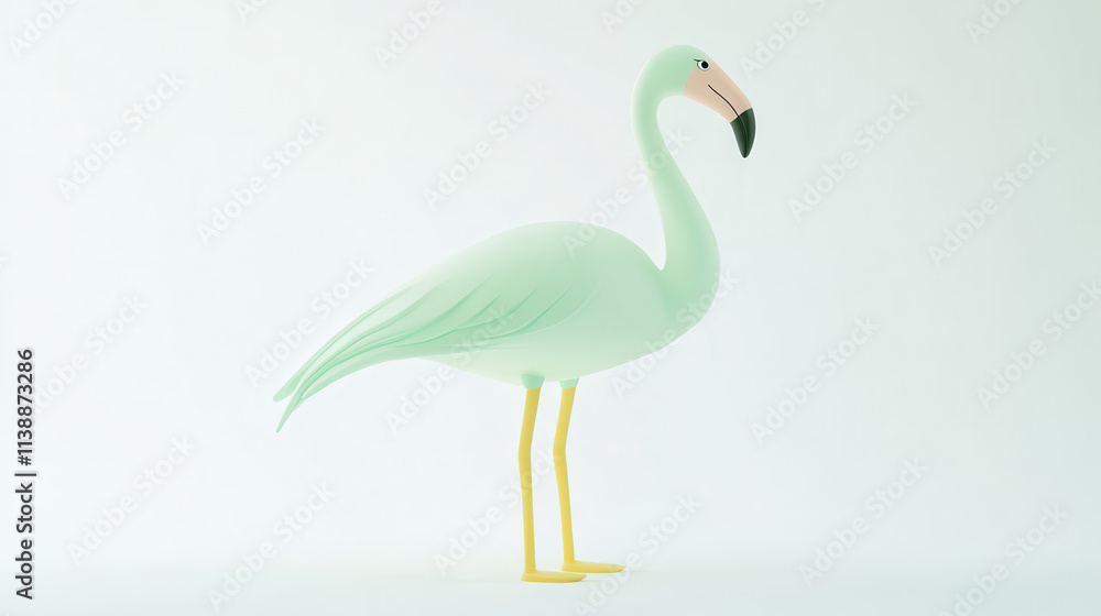 Fototapeta premium A 3D stylized cartoon of a flamingo in mint green and light yellow tones, hyper smooth features, polished and clean rendering, minimalist cartoon design, perfectly clear and vibrant against a pure whi