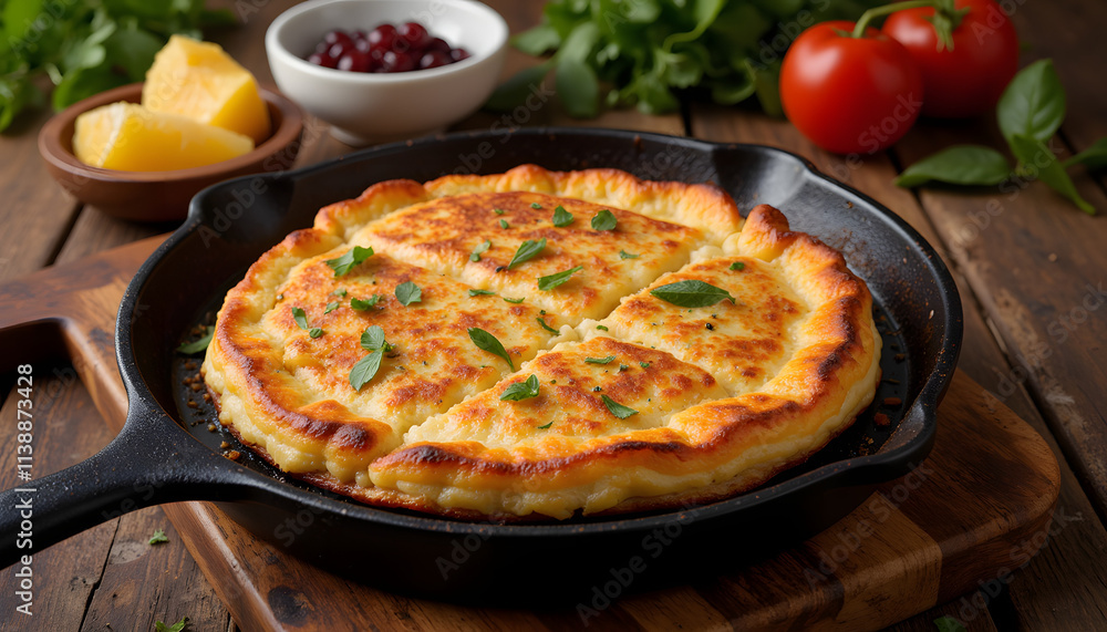 Savory cheese pie baked in a skillet with fresh vegetables and herbs on a wooden table Savory cheese pie baked in a skillet with fresh vegetables and herbs on a wooden table
