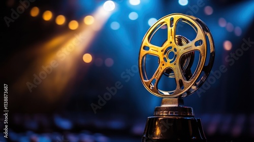 Golden film reel award on stage.