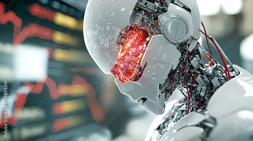 Fototapeta premium futuristic robot trader short circuiting, showcasing advanced technology and intricate circuitry. scene evokes sense of innovation and complexity