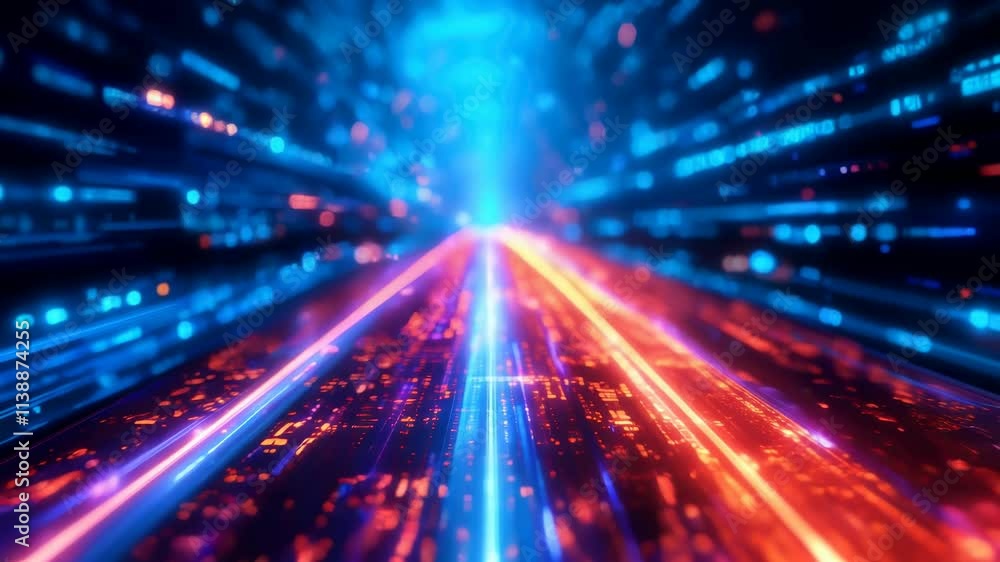 Vibrant Futuristic Digital Tunnel with High Speed Data Flow and Glowing Neon Lights in Dynamic Blue and Orange Streaks, Technology Background. Vibrant Futuristic Digital Tunnel with High Speed Data Flow and Glowing Neon Lights in Dynamic Blue and Orange Streaks, Technology Background.