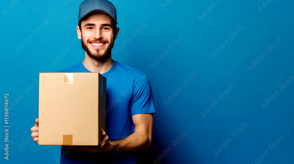Young European man in a blue shirt and cap holds a cardboard box, looking happy and ready for delivery in a bright setting Young European man in a blue shirt and cap holds a cardboard box, looking happy and ready for delivery in a bright setting