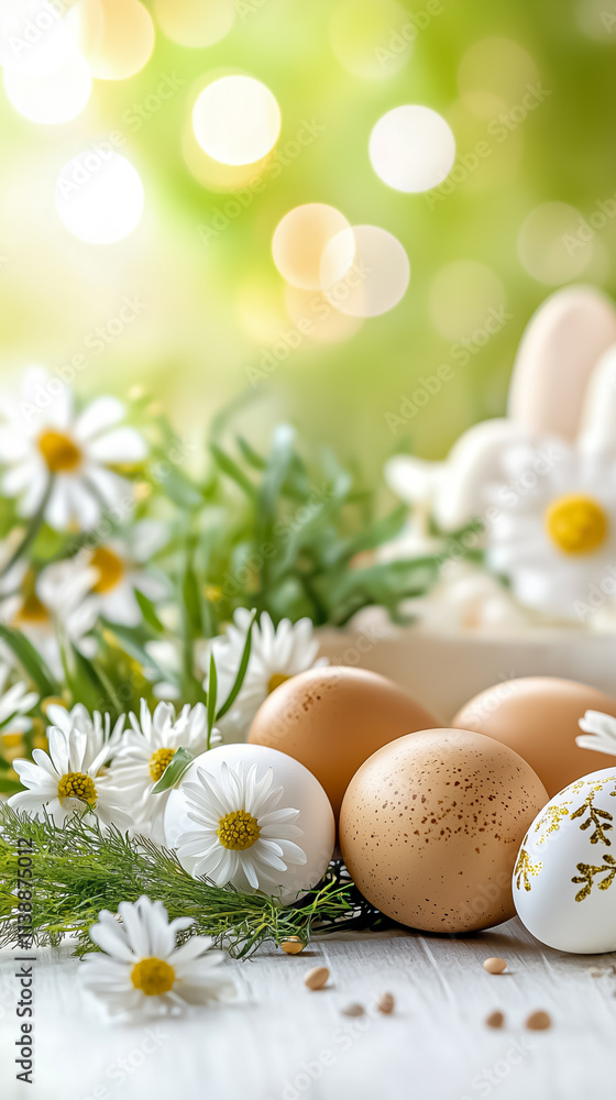 Pastel-colored eggs rest among blooming daisies and lush greenery, capturing the essence of springtime joy and renewal Pastel-colored eggs rest among blooming daisies and lush greenery, capturing the essence of springtime joy and renewal