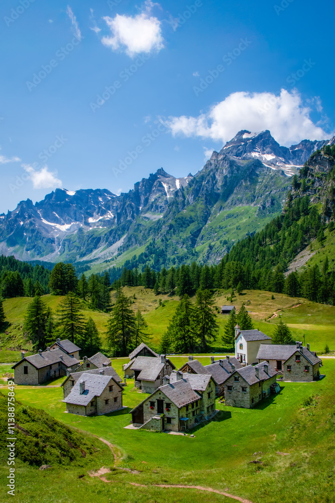 Hillside view on Crampiolo village, Lago di Devero, Italian Alps Hillside view on Crampiolo village, Lago di Devero, Italian Alps