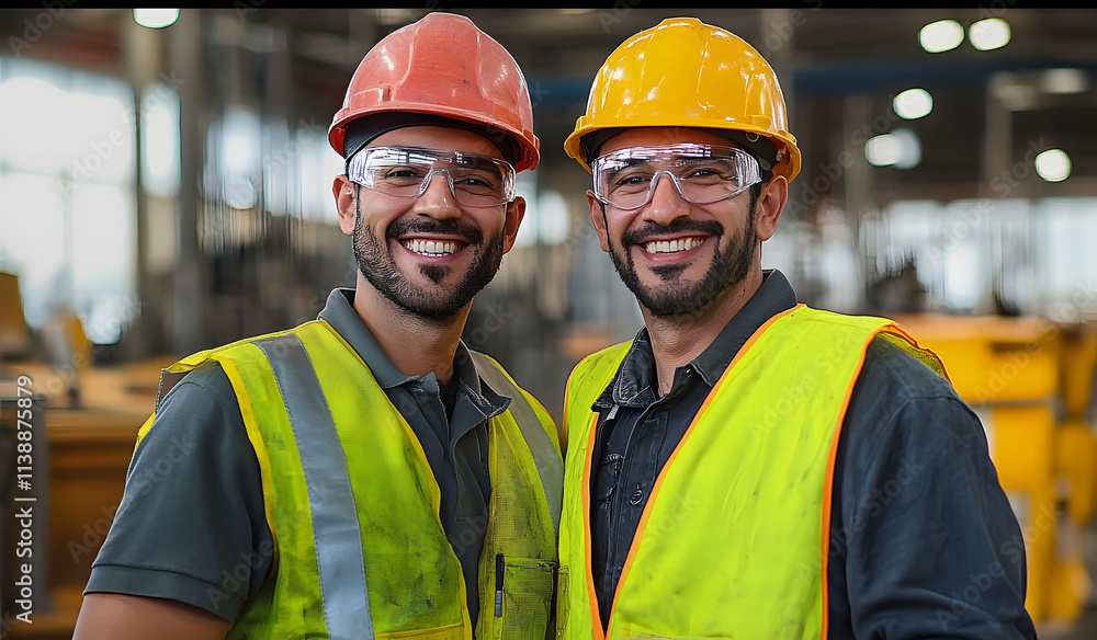 Two men wearing safety gear and smiling for the camera Two men wearing safety gear and smiling for the camera