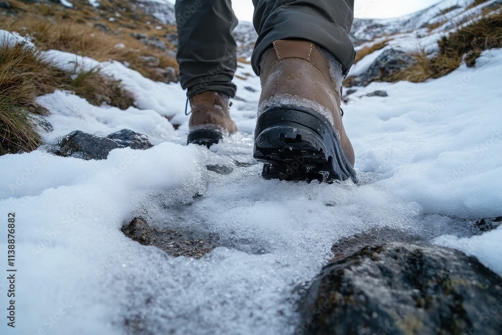 Boots traversing icy stream, snowy landscape. Boots traversing icy stream, snowy landscape.