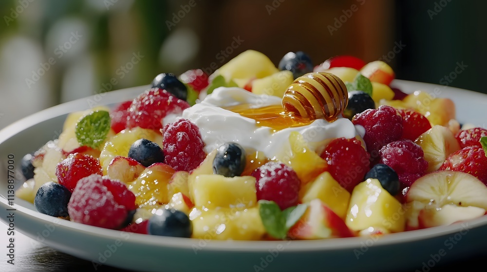 A vibrant fruit salad topped with yogurt, honey, and mint, showcasing freshness and health. A vibrant fruit salad topped with yogurt, honey, and mint, showcasing freshness and health.