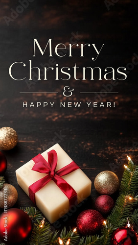 Merry Christmas and Happy New Year text lettering design on christmas background banner card with candle, ornaments, and baubles