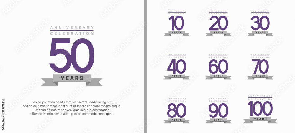 Naklejka premium anniversary logo set. vector design with purple color and gray ribbon can be use for celebration