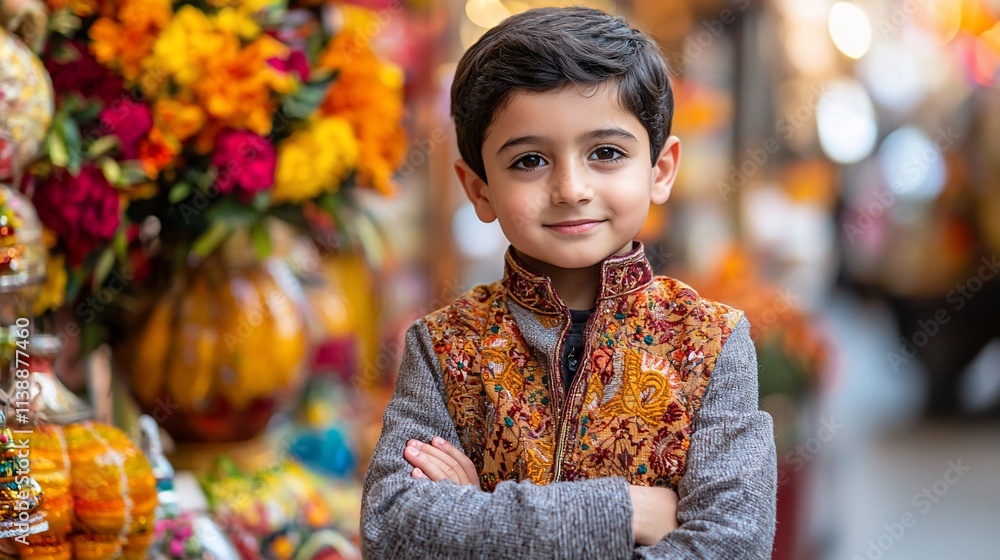 Smiling boy in traditional clothing at market. Smiling boy in traditional clothing at market.