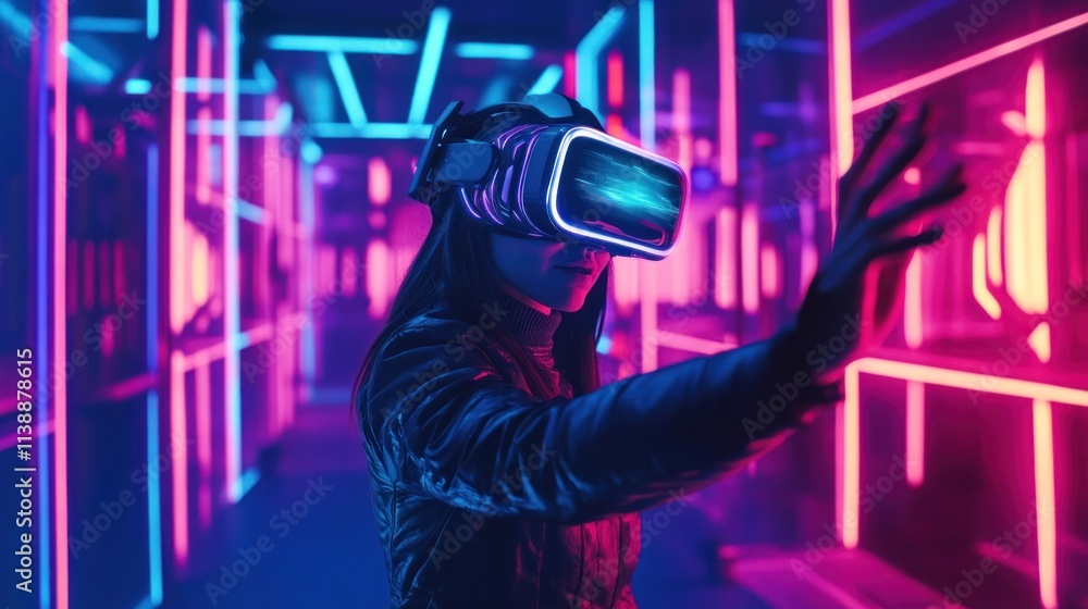 Woman in VR headset interacts with neon virtual reality environment. Woman in VR headset interacts with neon virtual reality environment.