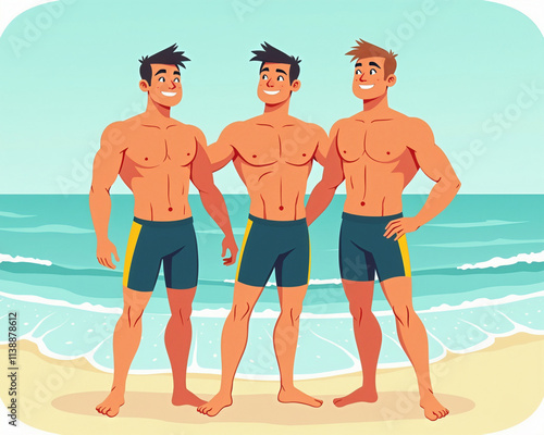 Cute Graphic Illustration of Three Athletic Male Swimmer Friends Standing on Beach