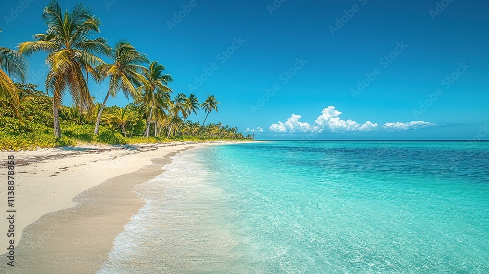 Tropical beach panorama with clear blue water and palm trees Tropical beach panorama with clear blue water and palm trees