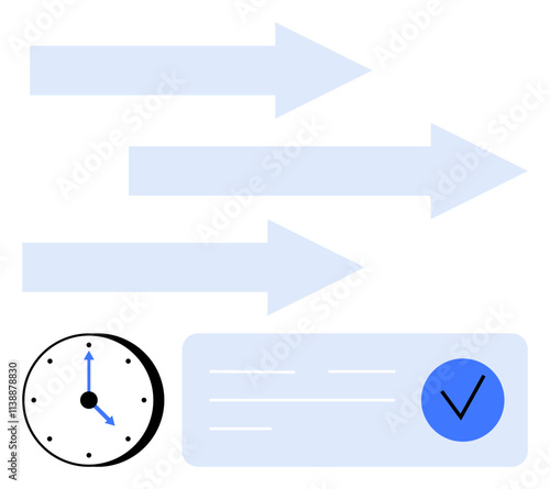 Clock displaying 300 next to three blue arrows pointing right, followed by a rectangular text box with lines and a check mark. Ideal for time management, workflow, scheduling, deadlines, planning