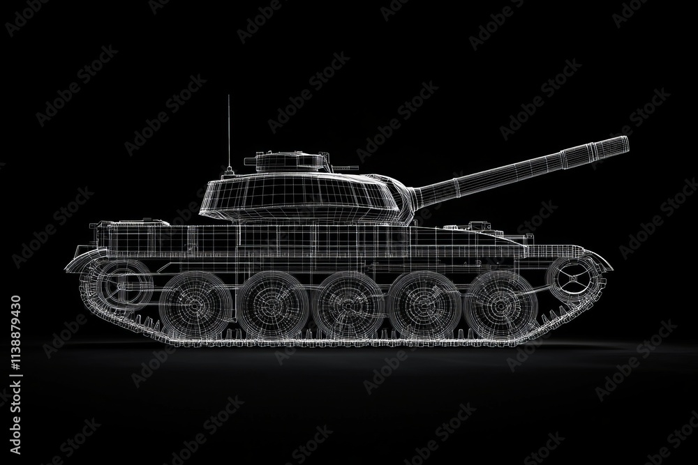 Minimalist wireframe design of a classic tank with mechanical details on black background Minimalist wireframe design of a classic tank with mechanical details on black background