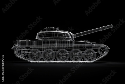Minimalist wireframe design of a classic tank with mechanical details on black background