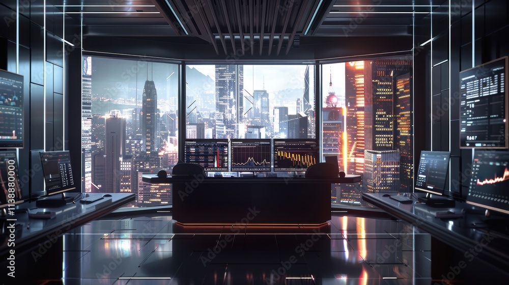 Futuristic trading room with city view, multiple monitors displaying financial data. Futuristic trading room with city view, multiple monitors displaying financial data.