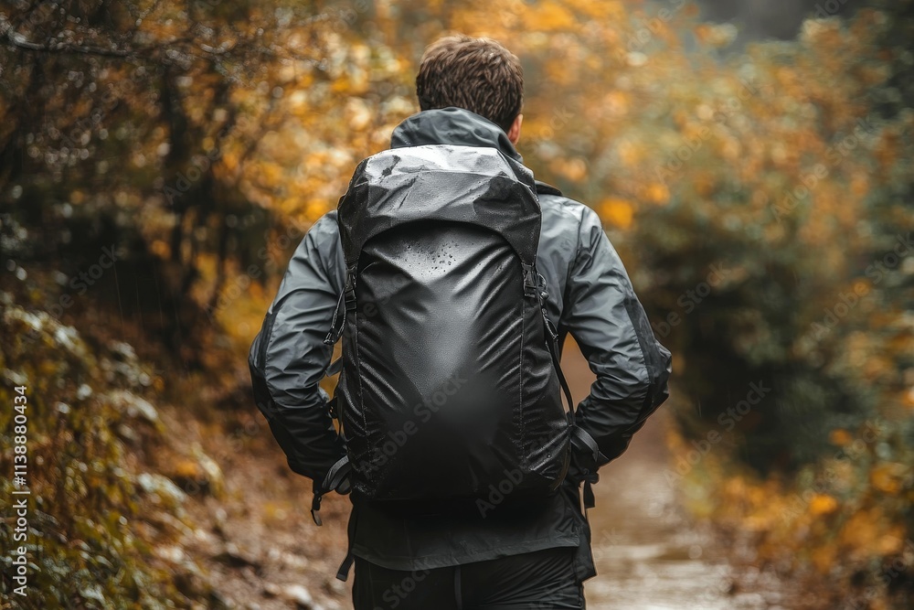 Fototapeta premium Person hiking, autumn woods, rain-soaked pack.