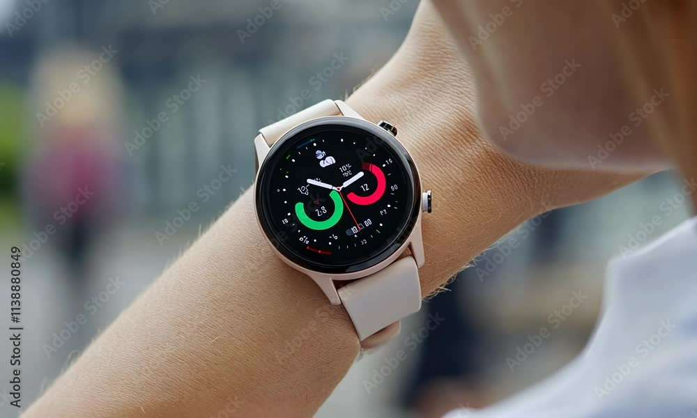 A smartwatch displaying fitness data on a person's wrist. A smartwatch displaying fitness data on a person's wrist.