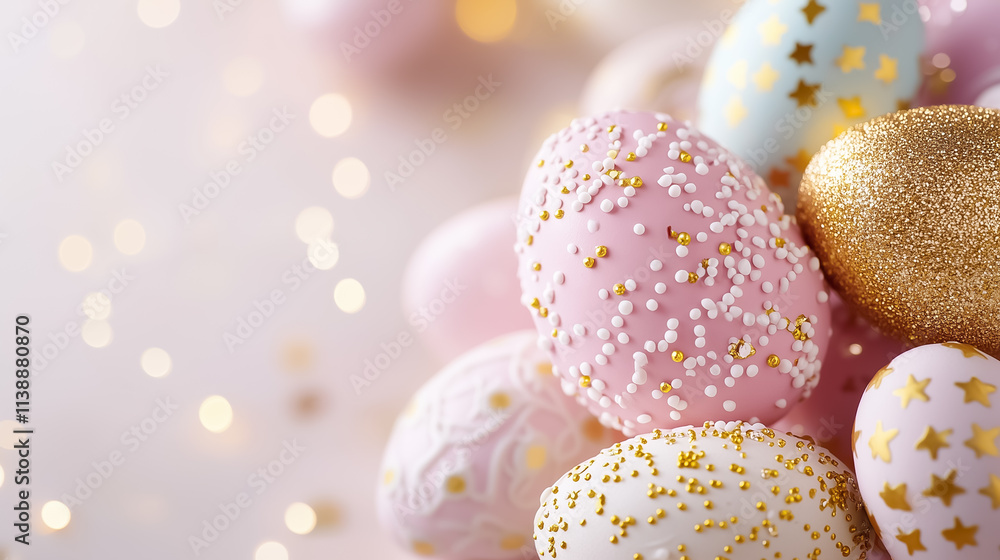 Obraz premium Festively decorated Easter eggs in pastel hues shine brightly among twinkling lights, evoking a joyful holiday spirit
