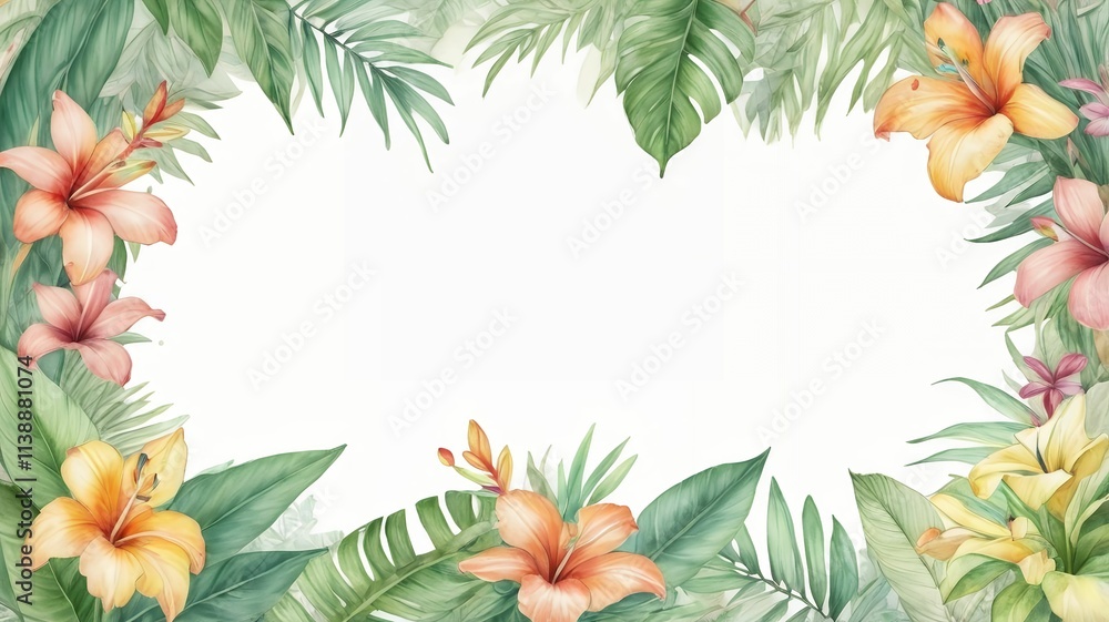 Naklejka premium Watercolor Botanical frame with tropical flowers and green leaves