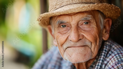 Smiling Elderly Man in Straw Hat, Symbol of Wisdom and Rural Life