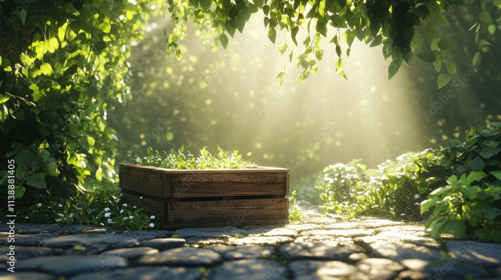 A serene scene with a wooden box surrounded by lush greenery and soft sunlight. A serene scene with a wooden box surrounded by lush greenery and soft sunlight.