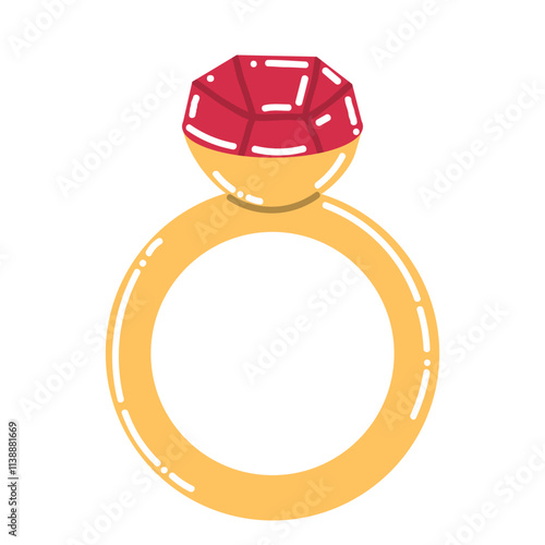 Cute cartoon golden ring with ruby gemstone in flat style. Engagement ring.