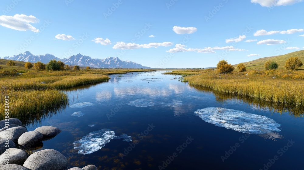 Fototapeta premium Serene landscape with a river, mountains, and lush greenery.