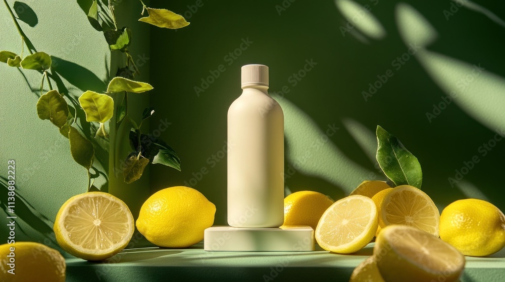 A minimalist display featuring a bottle surrounded by fresh lemons on a green background. A minimalist display featuring a bottle surrounded by fresh lemons on a green background.