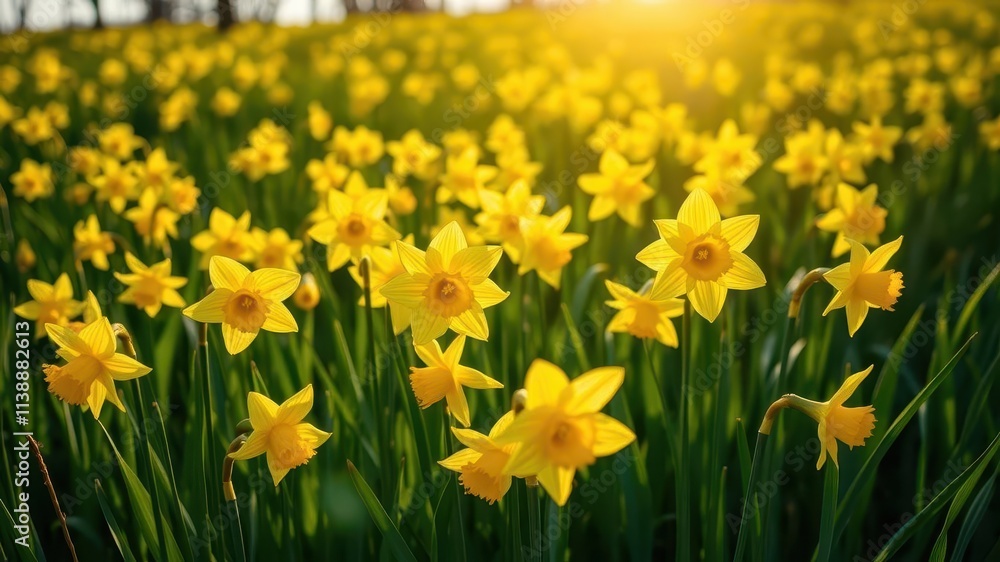 Fototapeta premium Bright yellow daffodil flowers blooming in a lush green field under the sun, daffodil, yellow, beauty
