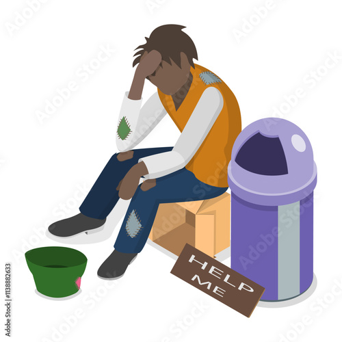 3D Isometric Flat Vector Set of Homeless People, Poverty, Unemployed and Refugees. Item 6