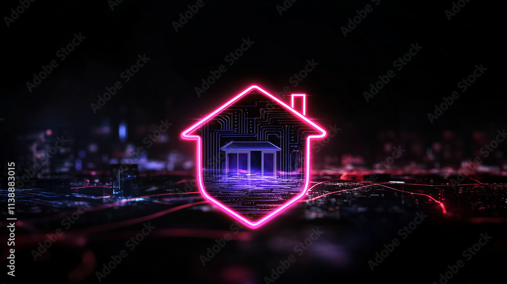 A house icon with pulsating neon lights is framed by a shield detailed with glowing circuit pathways, embodying next-level smart home protection. A house icon with pulsating neon lights is framed by a shield detailed with glowing circuit pathways, embodying next-level smart home protection.